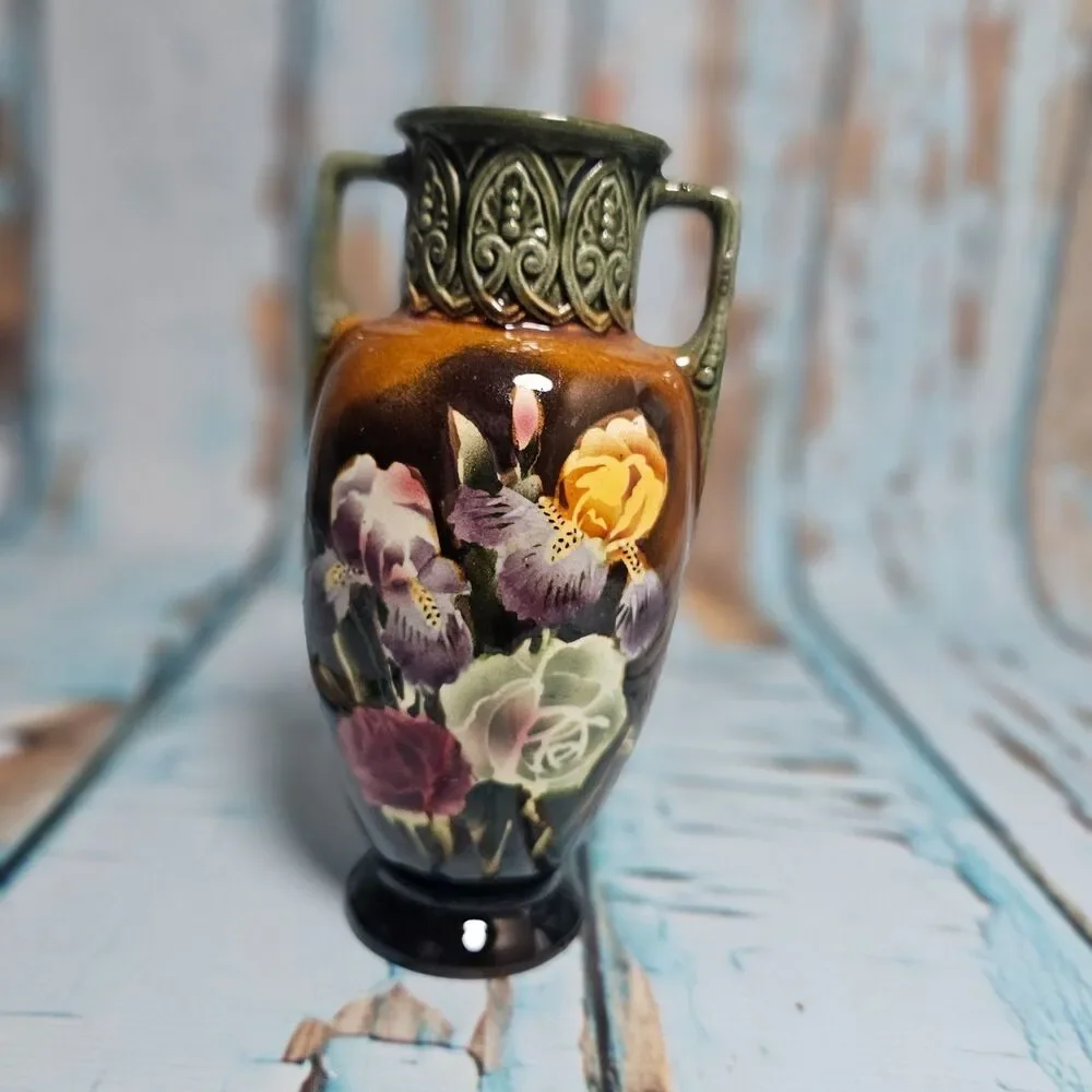 Vintage Double-Handled Floral Ceramic Vase | Made in Czechoslovakia | Art Potter
